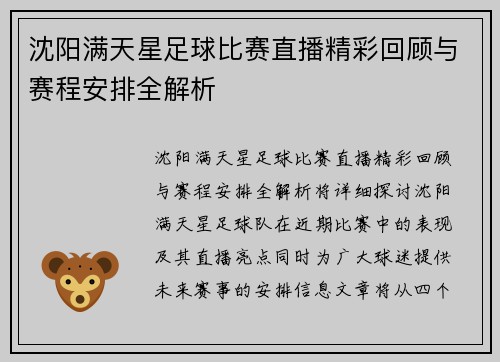 沈阳满天星足球比赛直播精彩回顾与赛程安排全解析