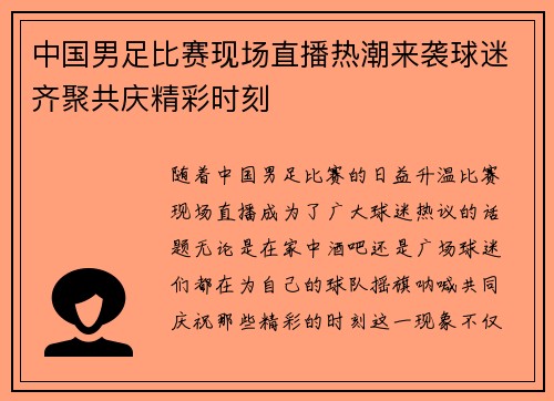 中国男足比赛现场直播热潮来袭球迷齐聚共庆精彩时刻